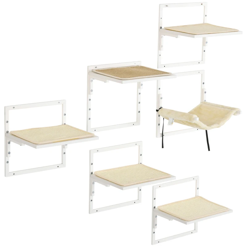 PawHut Cat Shelves for Indoor Cats, 6Pc Modern Cat Wall Furniture with Adjustable Height Jumping Platforms & Hammock, Cream White