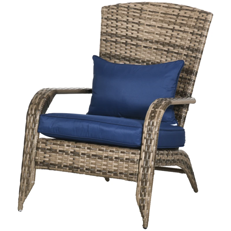 Outsunny Patio Wicker Adirondack Chair, Outdoor All-Weather Rattan Fire Pit Chair w/ Soft Cushions, Tall Curved Backrest and Comfortable Armrests for Deck or Garden, Mixed Tan/Dark Blue