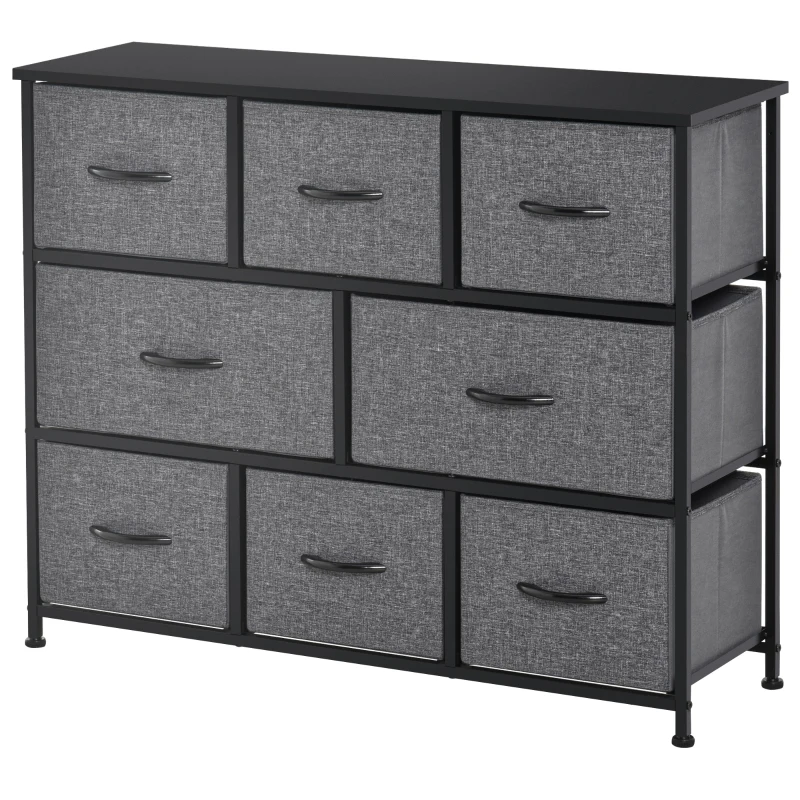 HOMCOM 8-Drawer Dresser, 3-Tier Fabric Chest of Drawers, Storage Tower Organizer Unit with Steel Frame for Bedroom, Hallway, Dark Gray