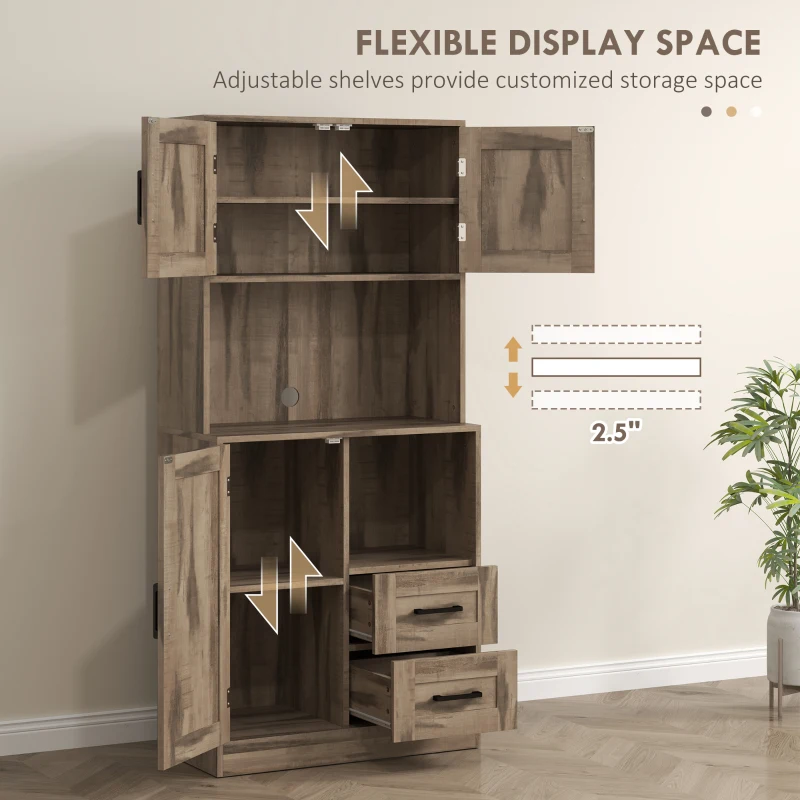 HOMCOM 60" Kitchen Pantry Storage Cabinet, Farmhouse Kitchen Hutch w/ Microwave Oven Countertop, Adjustable Shelves, Gray Wash