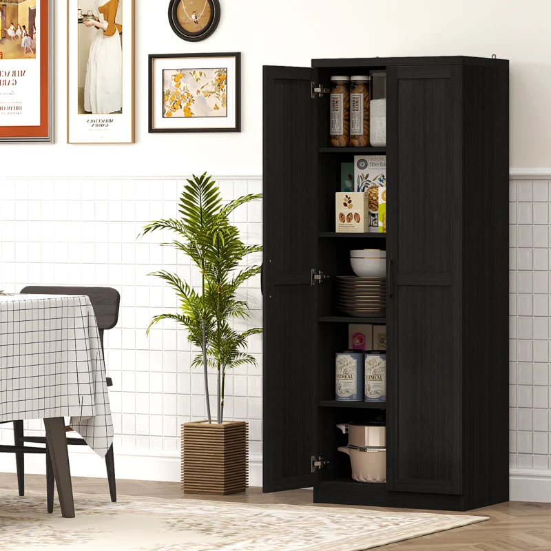 HOMCOM 63" 2-Door Kitchen Pantry, Freestanding Cabinet with 2 Adjustable Shelves for Dining Room, Cinnamon Black Wood Grain