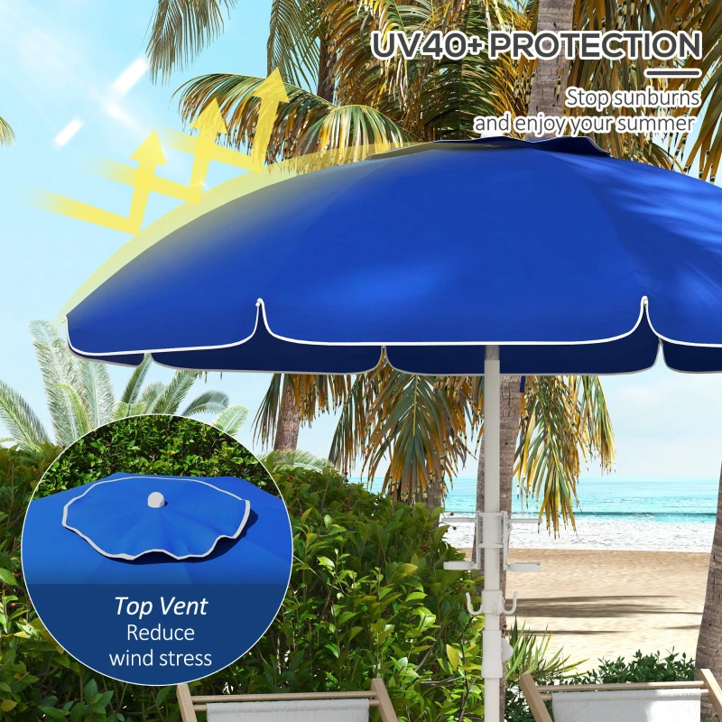 Outsunny 5.7' Beach Umbrella for Travel with Tilt, Adjustable Height, 2 Cup Holders, Hooks, Vent, Ruffles, Sapphire Blue