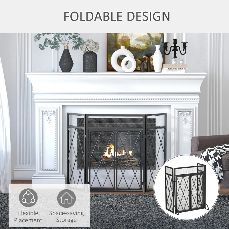 HOMCOM 3-Panel Fireplace Screen with Double Doors,  47.25" x 31"Steel Mesh Fire Spark Guard Cover for Living Room Indoor Decor, Black