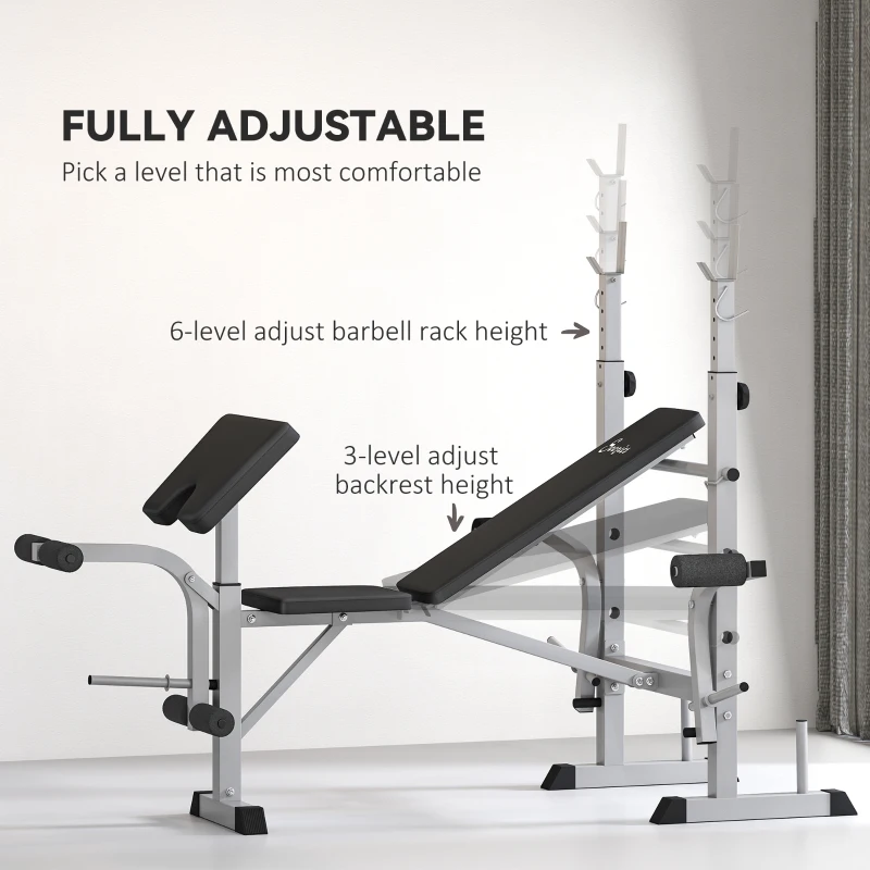 Soozier Bench Press Set Adjustable Weight Bench with Squat Rack, Preacher Curl Pad, Leg Developer and Weight Storage, Grey