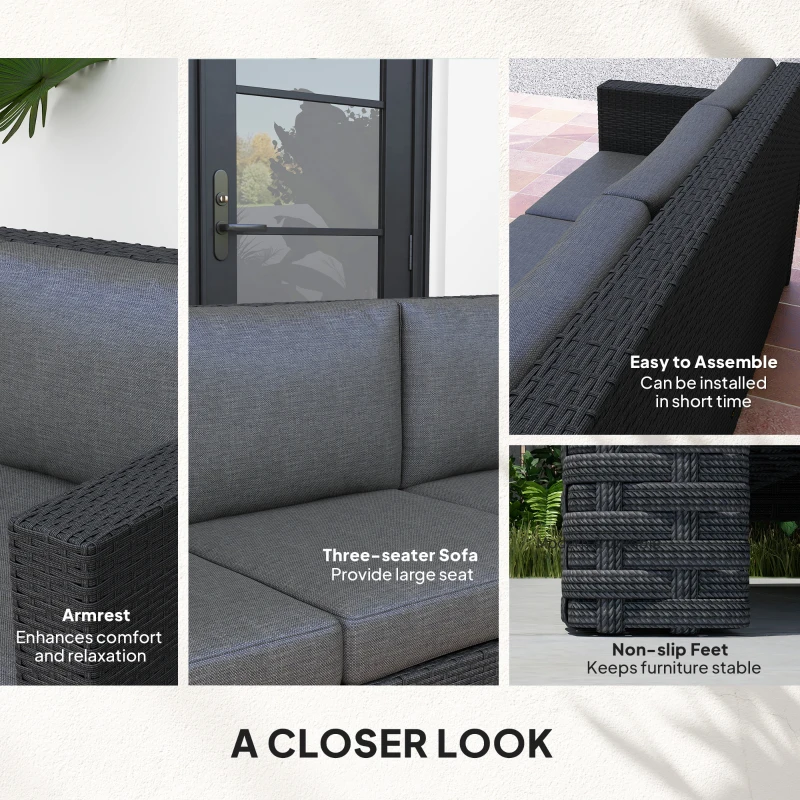 Outsunny Deluxe 3 Seat Rattan Wicker Sofa Garden Outdoor Patio Furniture with Cushion, Grey