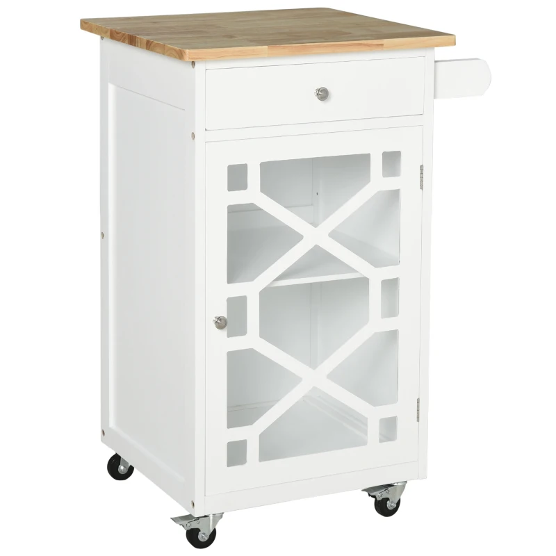 HOMCOM Kitchen Cart on Wheels, Rolling Kitchen Island with Drawer, Glass Door, Towel Rack and Adjustable Shelf, White