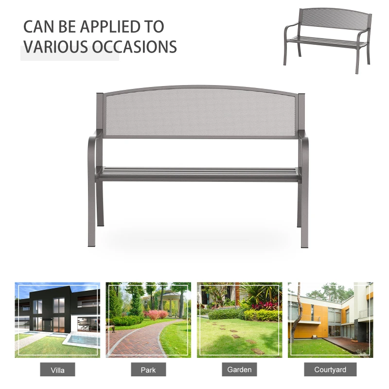 Outsunny 50" Steel Garden Bench Outdoor Patio 2-Person Park Seat Yard Furniture Loveseat Brown