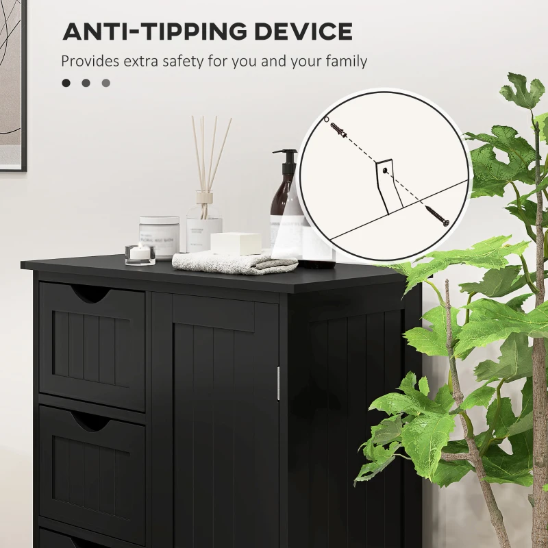 kleankin Bathroom Storage Cabinet, Floor Cabinet with Adjustable Shelf and 4 Drawers, Side Cabinet for Washroom, Black