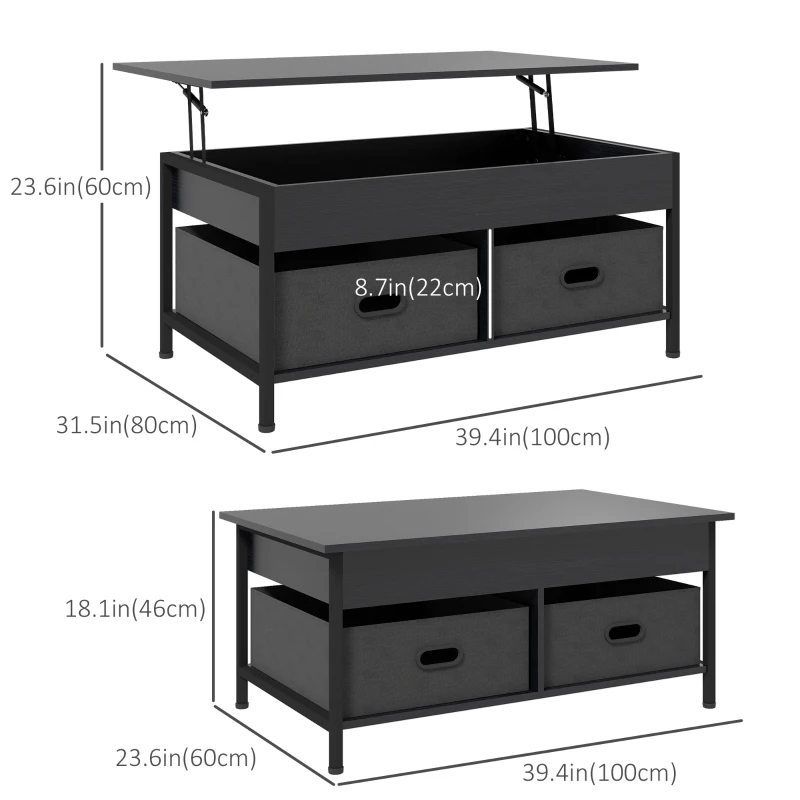 HOMCOM Industrial Coffee Table, Lift Top Coffee Table with Storage, Live Edge Coffee Table with Open Shelves and Fabric Boxes