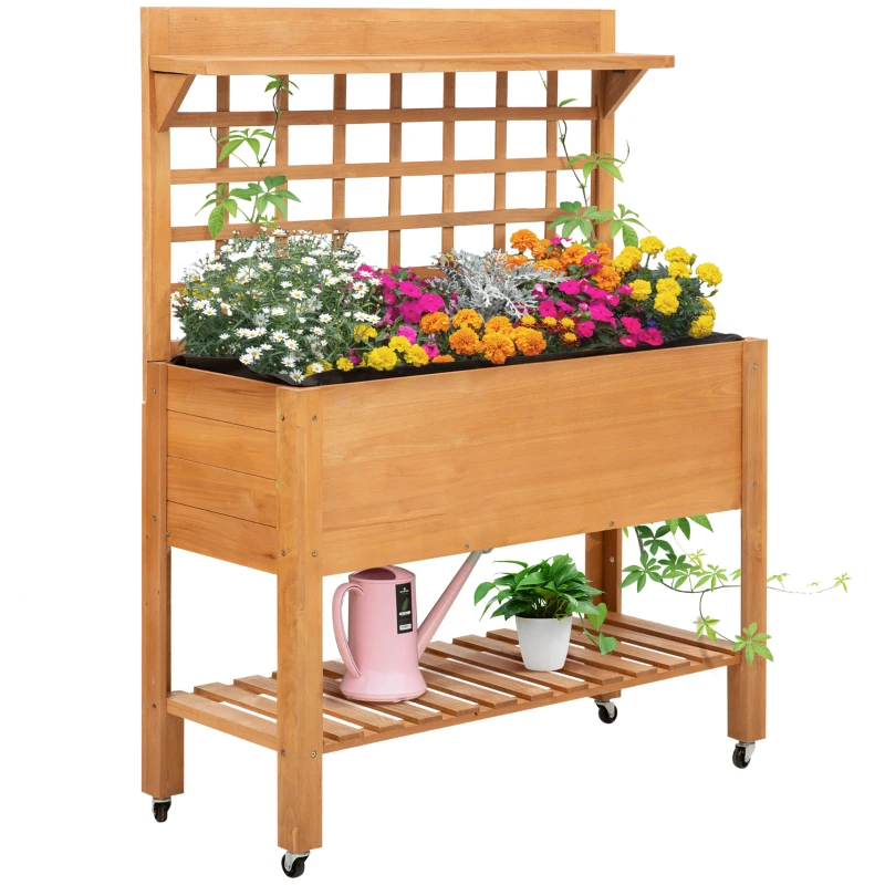Outsunny 41.25"x15.75"x53.25" Wooden Planter Raised Elevated Garden Bed Planter Flower Herb Boxes for Vegetables Flower with Shelf and Wheels Solid Wood Outdoor/Indoor