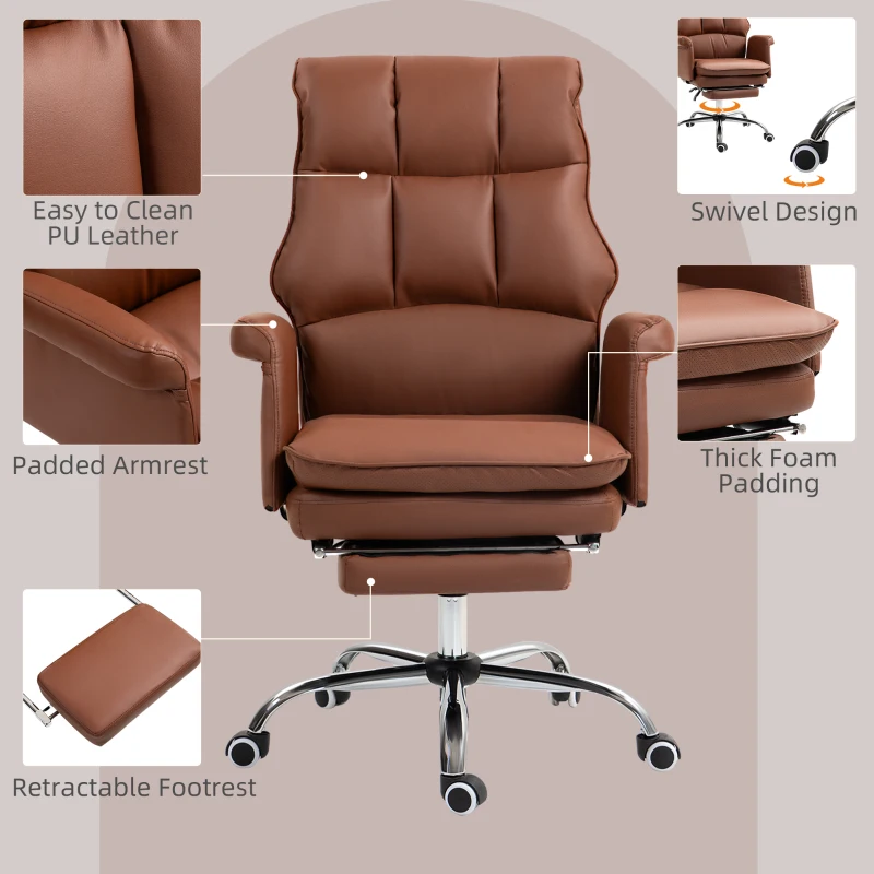 HOMCOM PU Leather Executive Office Chair, Ergonomic and Reclining Office Desk Chair with Footrest, Brown