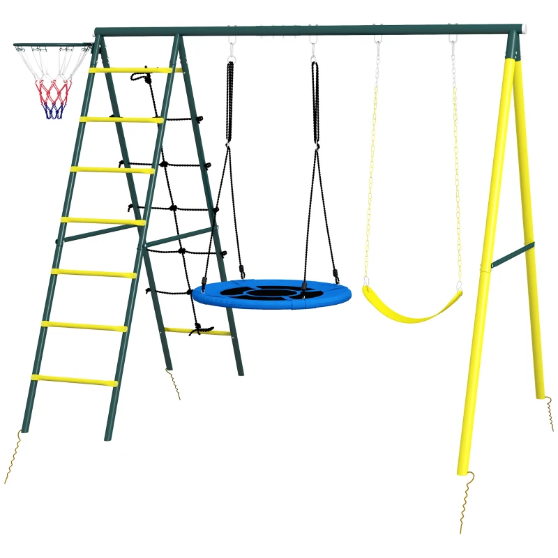 Outsunny 4 in 1 Swing Set for Kids with Saucer Swing, Seat, Climbing Ladder/Net, Basketball Hoop for 3-8 Years Old, Yellow