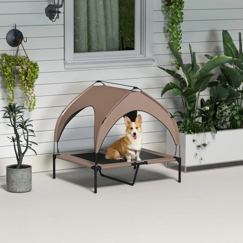 PawHut Raised Dog Bed Cooling Dog Cot w/ Canopy Washable Breathable Mesh, for Medium and Large Dogs, Coffee