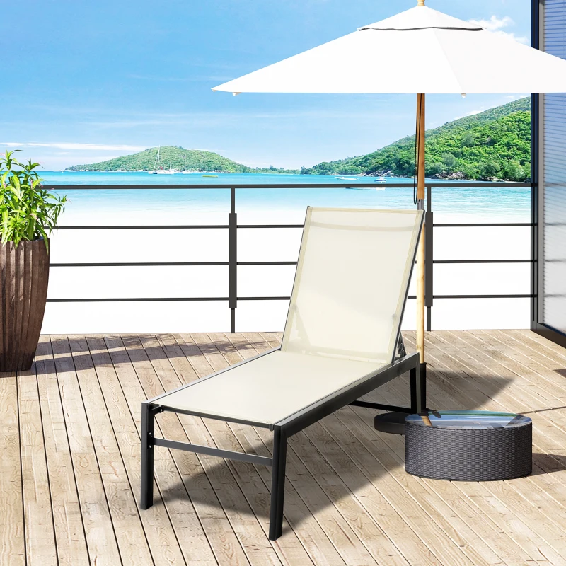 Outsunny Outdoor Lounge Chair, Patio Lounger with 5-Position Reclining Backrest and 2 Wheels for Poolside, Beach, Lawn, Cream White