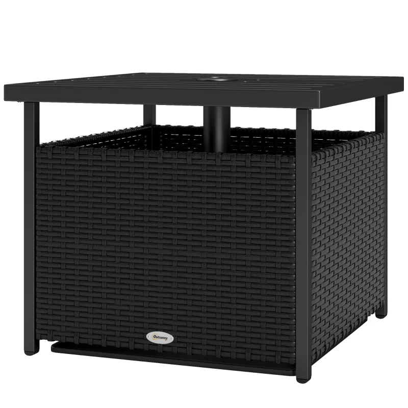 Outsunny 21.75" Outdoor Rattan Wicker Patio Coffee Table with Umbrella Hole, Patio Side Table with Slatted Metal Top, Black