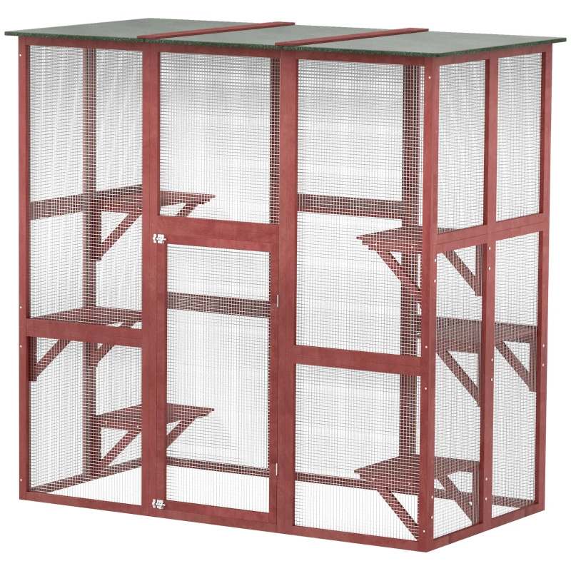 PawHut 71" x 39" x 71" Cat Cage, Large Outdoor Wooden Cat Patio with 6 Balanced Platforms and Asphalt Roof, Wine Red