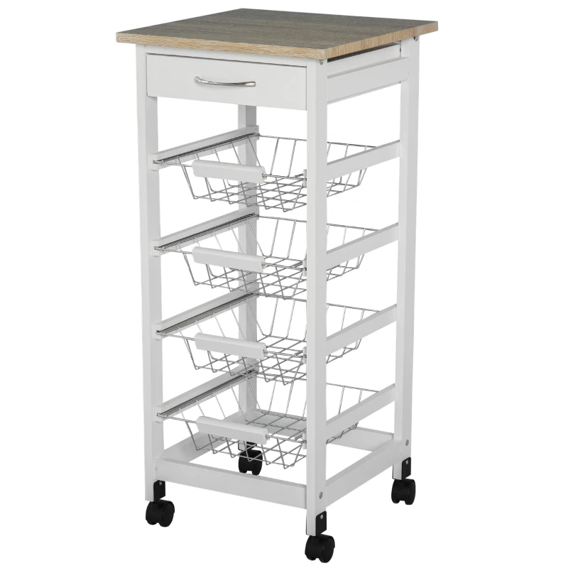 HOMCOM Mobile Kitchen Cart, Rolling Kitchen Island with Storage, Solid Wood Frame Utility Cart with Wire Fruit Baskets and Drawer, White