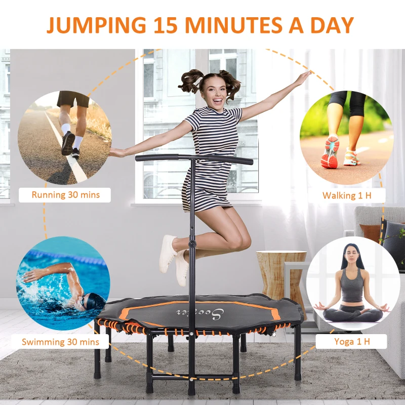 Soozier 48" Silent Mini Trampoline with Adjustable Handle Bar Fitness Trampoline Bungee Rebounder Jumping Cardio Trainer Workout for Adults or Teens Jump Exercise Equipment Orange