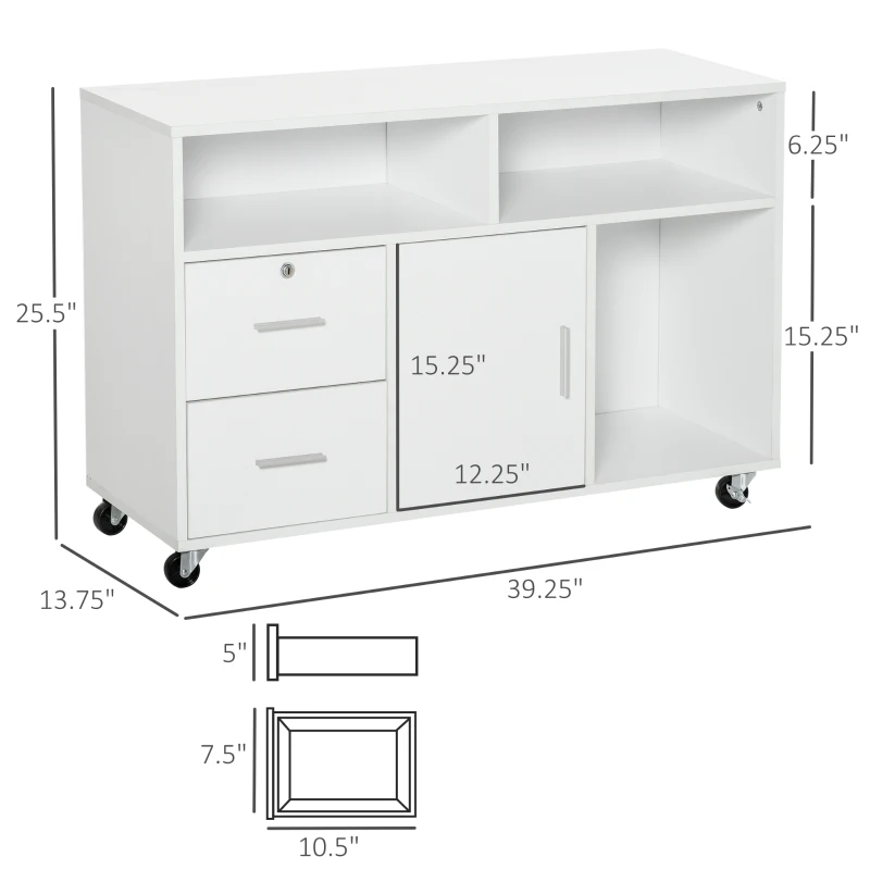 HOMCOM Printer Stand Home Office Mobile Storage Cabinet Organizer Desktop with Caster Wheels, 2 Locking Breaks and Drawer, White
