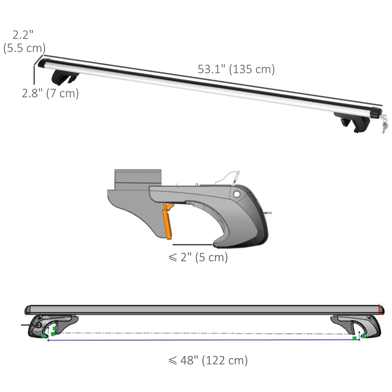 HOMCOM 2pc Roof Rack Car Roof Top Lockable Aluminum Cross Bars Adjustable Baggage Luggage Carrier, Silver (53")