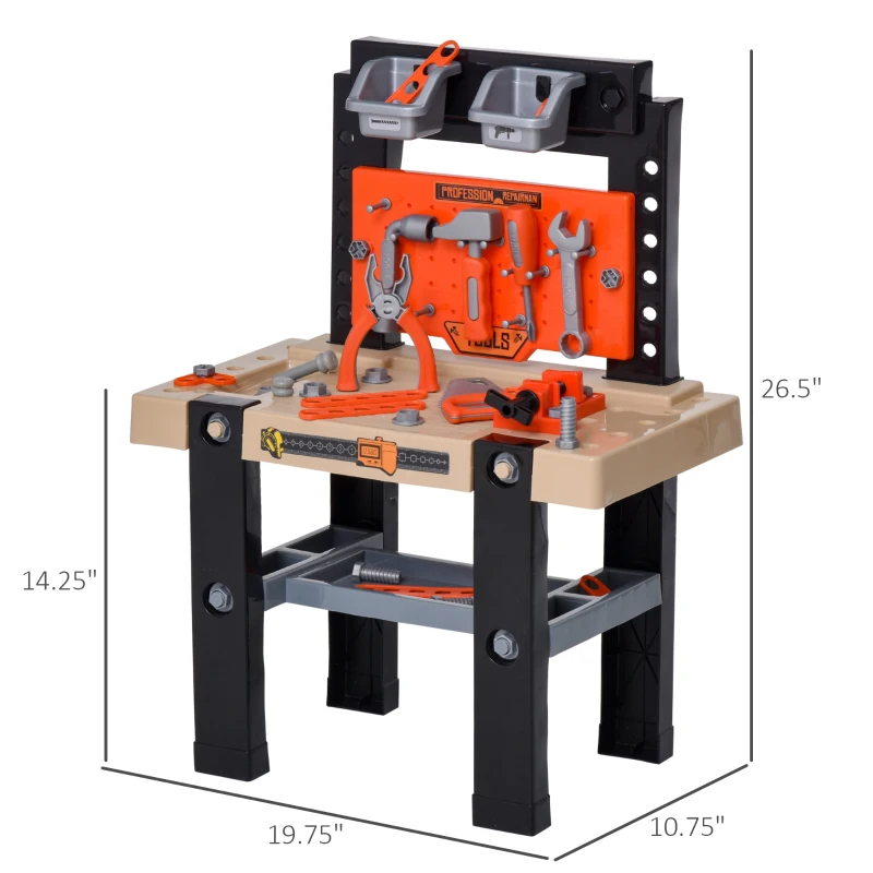 Qaba 64-Piece Kids Tool Workbench, Toddler Construction Workshop Tool Set with Shelf Storage Box for Age 3 Years