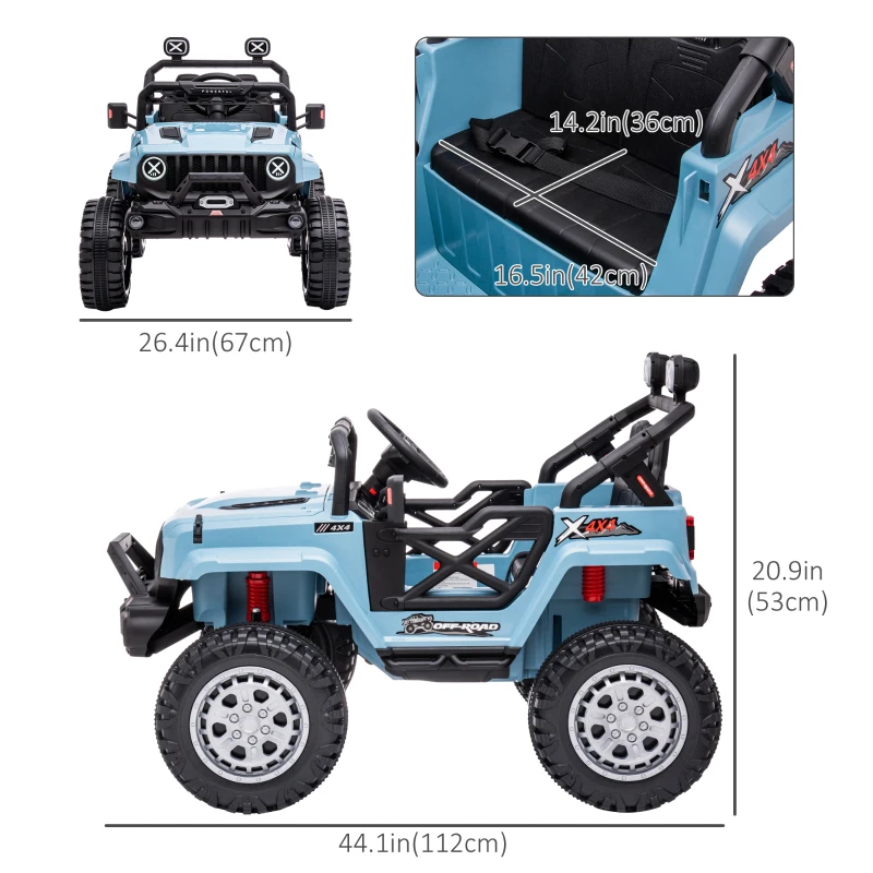 Aosom 12V Kids Ride-on Truck, Battery Operated Kids Car with Remote Control, Led Lights, Electric Ride on Toy with Spring Suspension, Music, Horn, 3 Speeds, Blue
