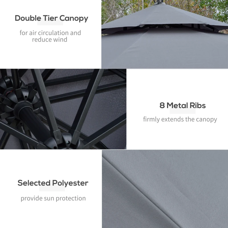 Outsunny 10FT Cantilever Patio Umbrella with Lights Solar Powered Offset Umbrella with Crank and Cross Base for Deck Grey