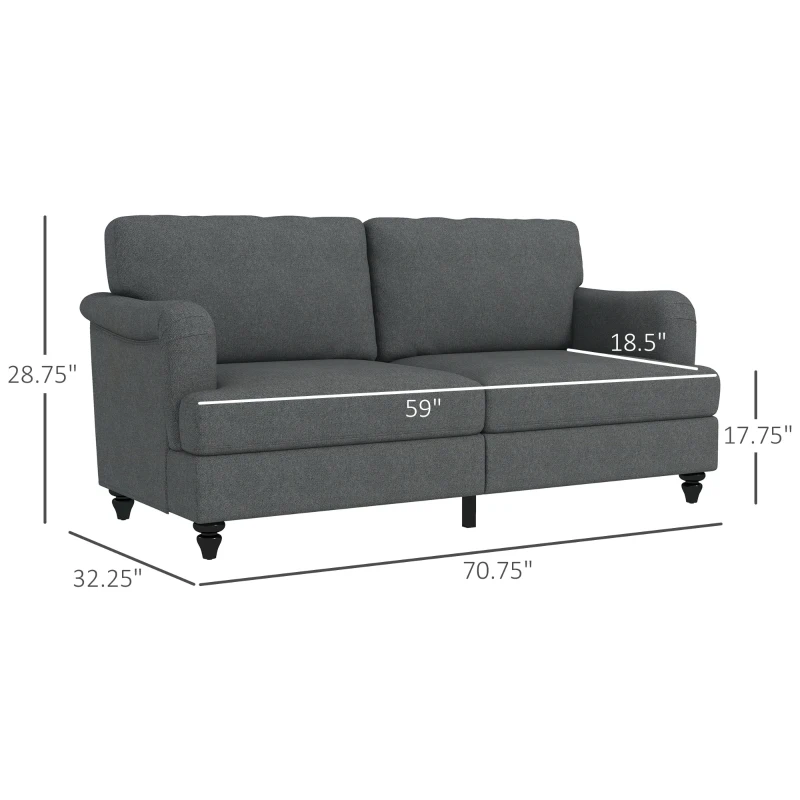 HOMCOM Modern 3-Seater Sofa for Bedroom, 71" Linen Fabric Couch with Slatted Frame and Rubber Wood Legs - Dark Gray