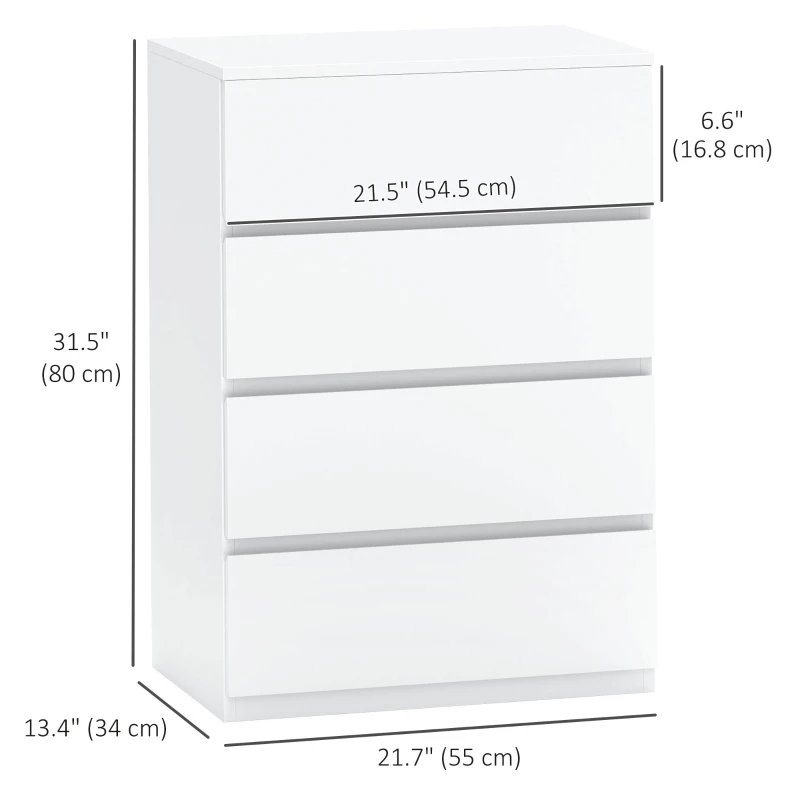 HOMCOM 4 Drawer Chest Storage Cupboard Freestanding Drawer Unit, White