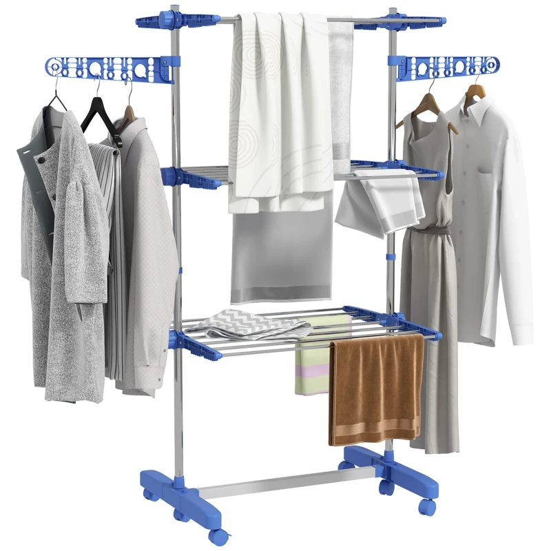 HOMCOM 3-Tier Foldable Clothes Drying Rack, Stainless Steel Laundry Rack with 2 Side Wings and 6 Castors, Collapsible Adjustable Clothes Airer for Indoor Outdoor, Blue