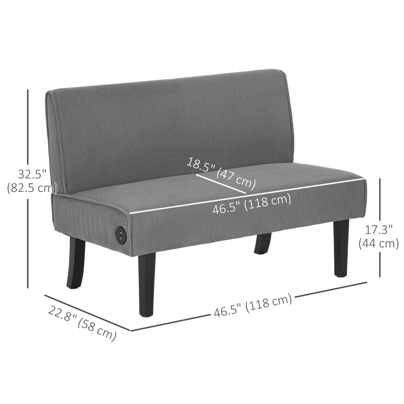 HOMCOM 46.5" Loveseat Couch with USB Ports, Corduroy Love Seat Sofa with Wood Legs for Living Room, Bedroom, Small Space, Grey
