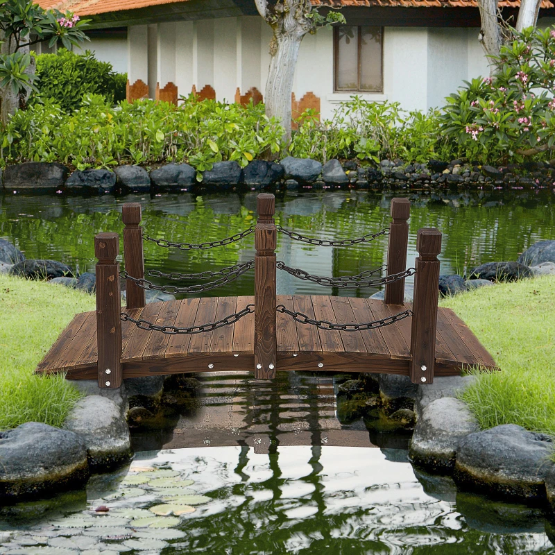 Outsunny 5 ft Wooden Garden Bridge Arc Footbridge with Metal Chain Railings & Solid Fir Construction, Carbonized