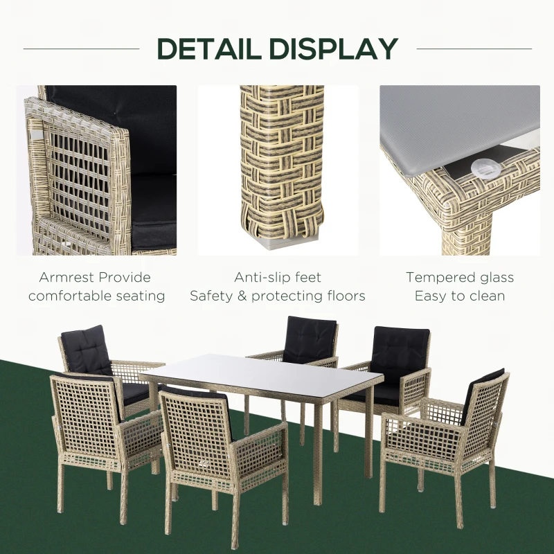 Outsunny 7 Pieces Wicker Patio Dining Set Outdoor Furniture Set with Removable Cushions, Glass Top Dining Table, PE Rattan Conversation Set for Garden Poolside Backyard, Black