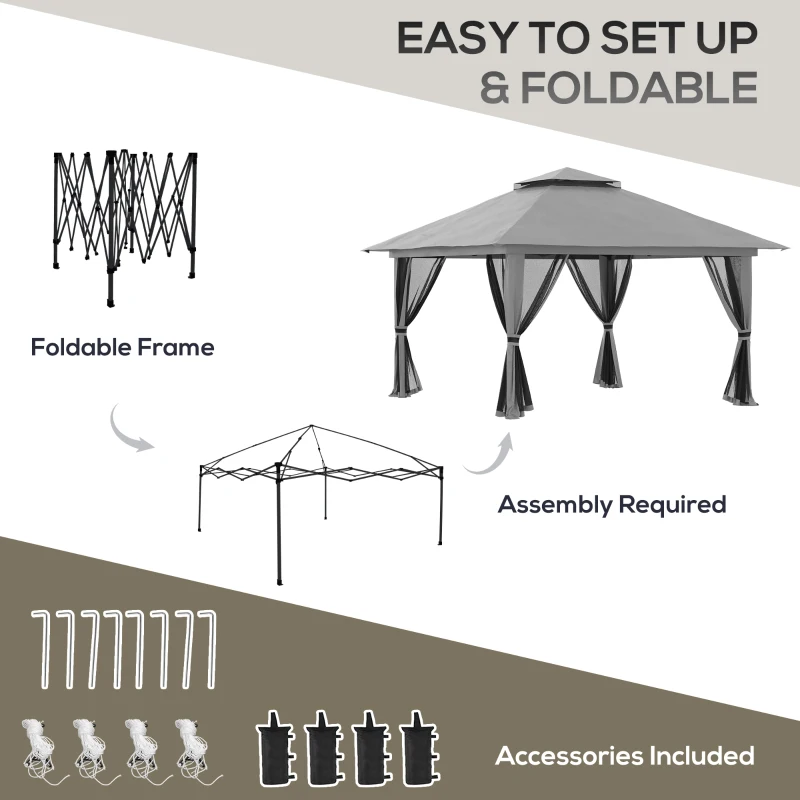 Outsunny 13' x 13' Pop Up Canopy, 2-Tier Roof Easy up Tent Shelter with Nettings Carry Bag Weight Bags for Garden, Patio, Grey