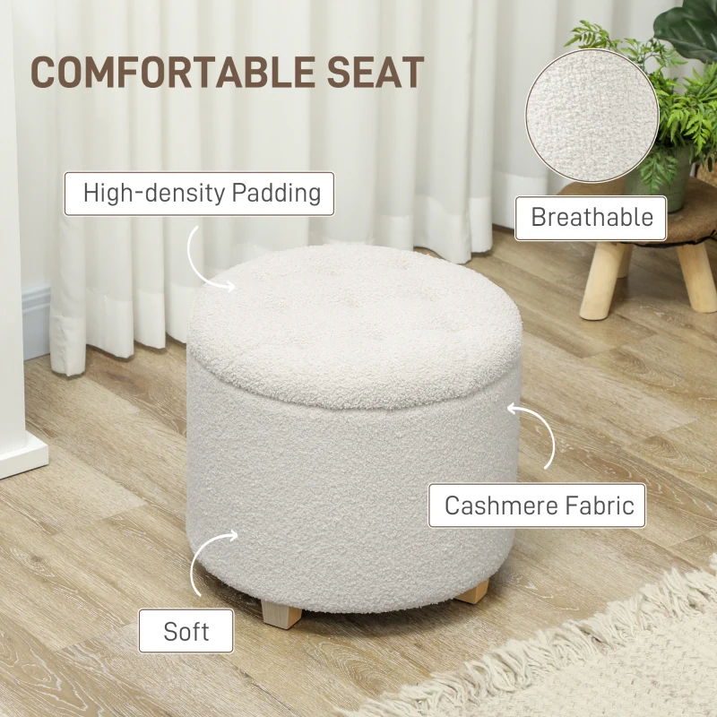 HOMCOM 18" Round Ottoman with Storage, Teddy Fleece Button Tufted Foot Stool with Lid, Wood Legs for Living Room Hallway, White