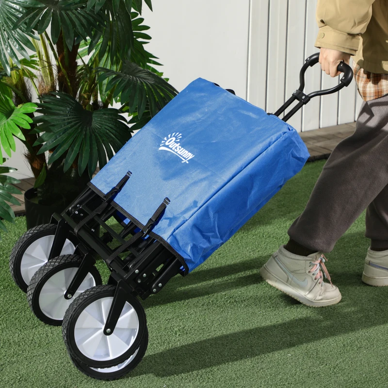 Outsunny Small Collapsible Folding Wagon Cart, Heavy Duty Outdoor Utility Garden Cart with Universal Wheels and Adjustable Handle for Camping Sports Shopping Beach, Dark Blue