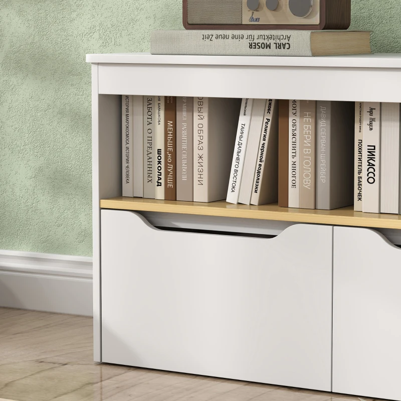 Qaba Kids Bookshelf with 2 Drawers, Large Tabletop, Shelf, for Nursery, Kids Room, Bedroom, Living Room, White