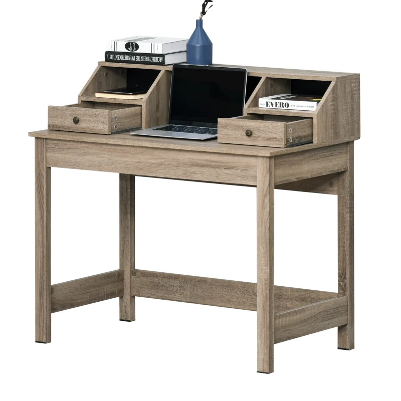 HOMCOM Rectangle Computer Desk with Display Shelves  Drawers Home Office Table Workstation  Natural Wood Grain