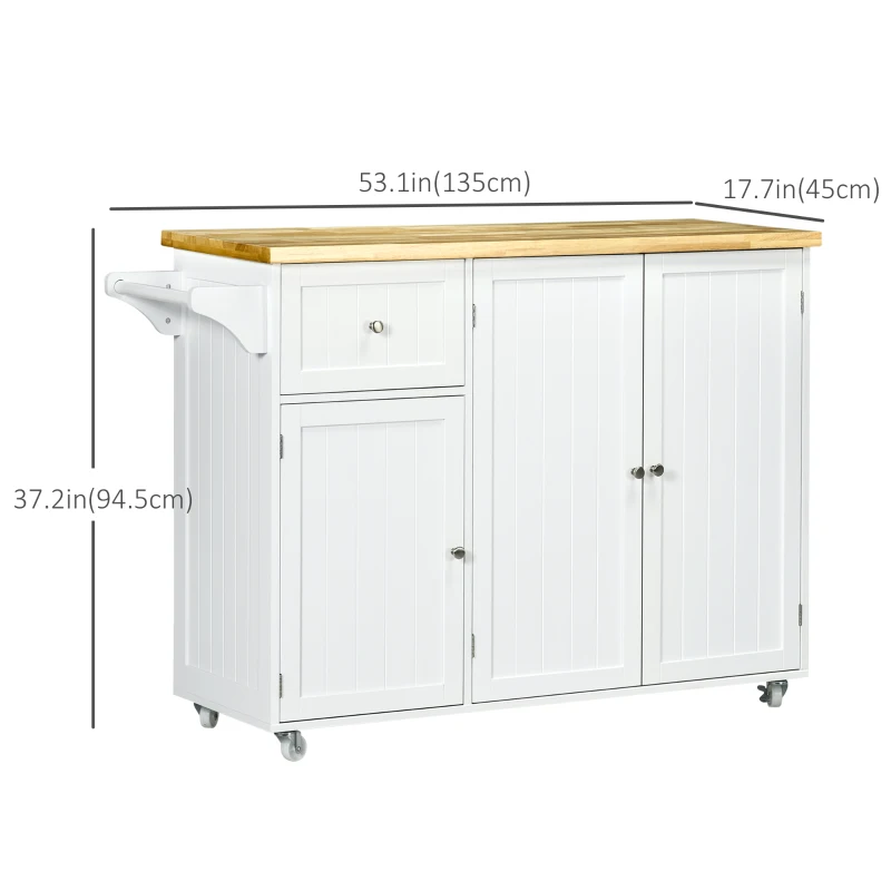 HOMCOM Rolling Kitchen Island with Storage, Utility Kitchen Island Cart with Drawer, Cabinets, Towel Rack and Rubber Wood Top