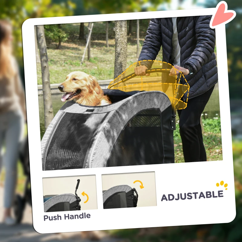 PawHut 4 Wheel Pet Stroller with Storage Basket, Afjustable Handle, Ventilated Oxford Fabric for Medium Size Dogs Cat Grey