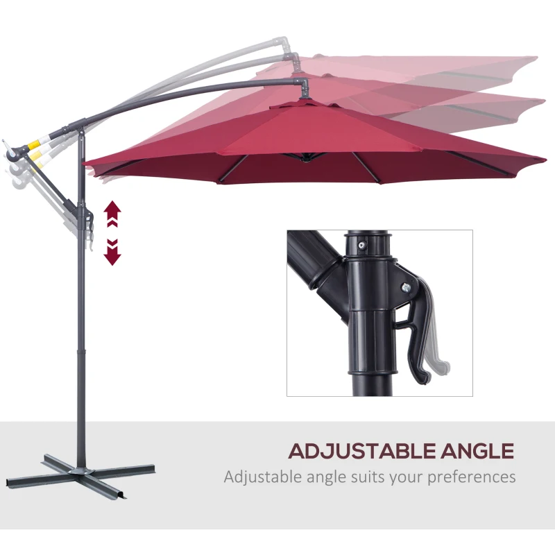 Outsunny 10' Deluxe Patio Umbrella, Outdoor Market Parasol, Banana Hanging Offset Sunshade with Crank, Cross Base, Wine Red