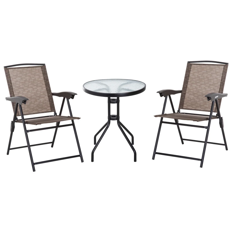 Outsunny Folding Outdoor Bistro Set, Patio Table and Chairs with Reclining Backrest and Round Dining Table, Brown