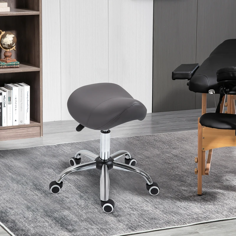 HOMCOM Adjustable Hydraulic Rolling Salon Stool Swivel Saddle Chair Spa Beauty Seat PU Leather, Grey
