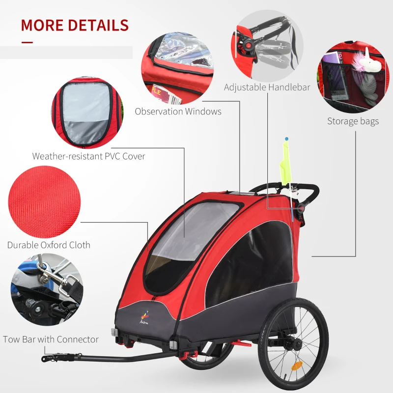 Aosom 3 In1 Baby Bike Trailer for 2 Kids, Foldable Double Jogger Stroller, 2-Seater Stroller with Shock Absorber System, Rubber Tires, Adjustable Handlebar Brake, Storage Bag, Red