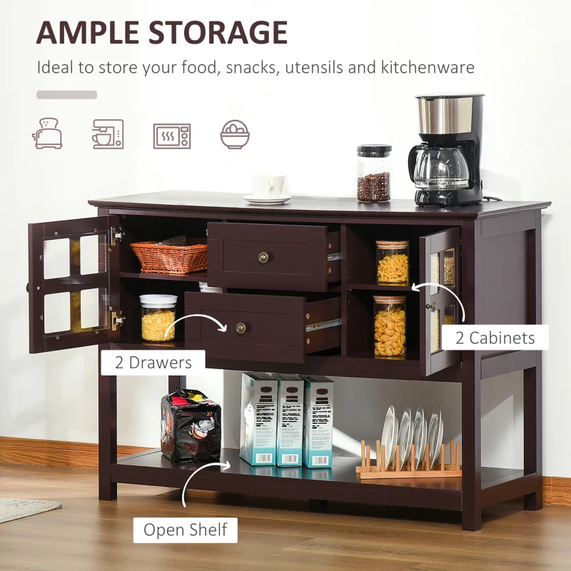 HOMCOM Coffee Bar Cabinet, Kitchen Cabinet with Adjustable Shelves, Glass Doors and 2 Drawers, Sideboard Buffet Cabinet for Living Room, Espresso