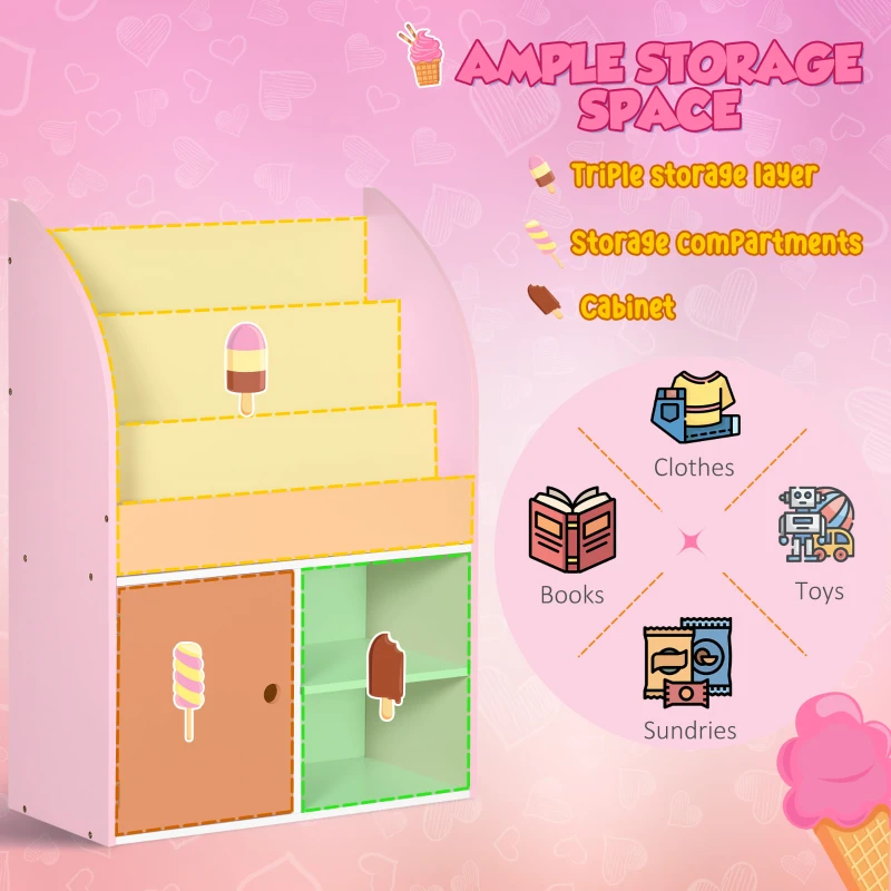 Qaba Toy Storage Organizer, Kids Bookshelf, Freestanding Children Bookcase with Cabinet for Toys Clothes Books, Pink