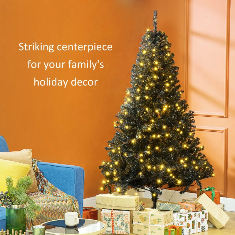 HOMCOM 6 FT Tall PreLit Artificial Christmas Tree with Realistic Branches, 250 Warm White LED Lights and 1000 Tips, Black