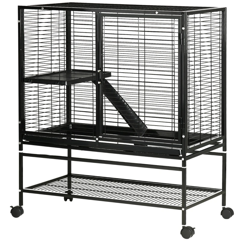 PawHut Guinea Pig Cage with Tray, Small Animal Habitat, Metal Wire Chinchilla Cage, Hedgehog Cage, Pet Ferret Cage with Wheels & Storage Shelf, Little Critter Cage