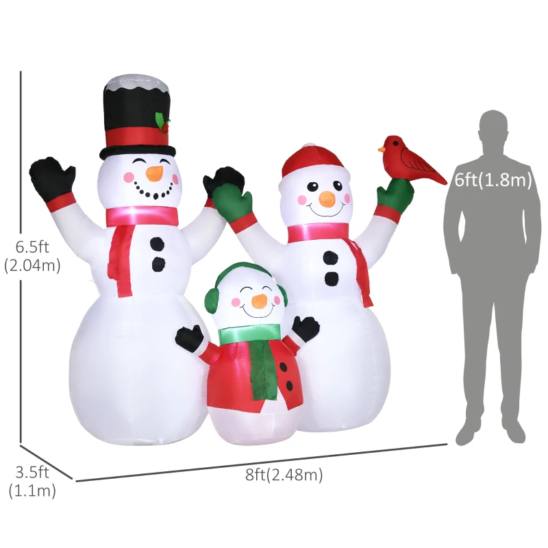 Outsunny 8ft Inflatable Christmas Snowman Family with A Red Bird, Blow-Up Outdoor LED Yard Display for Lawn Garden Party