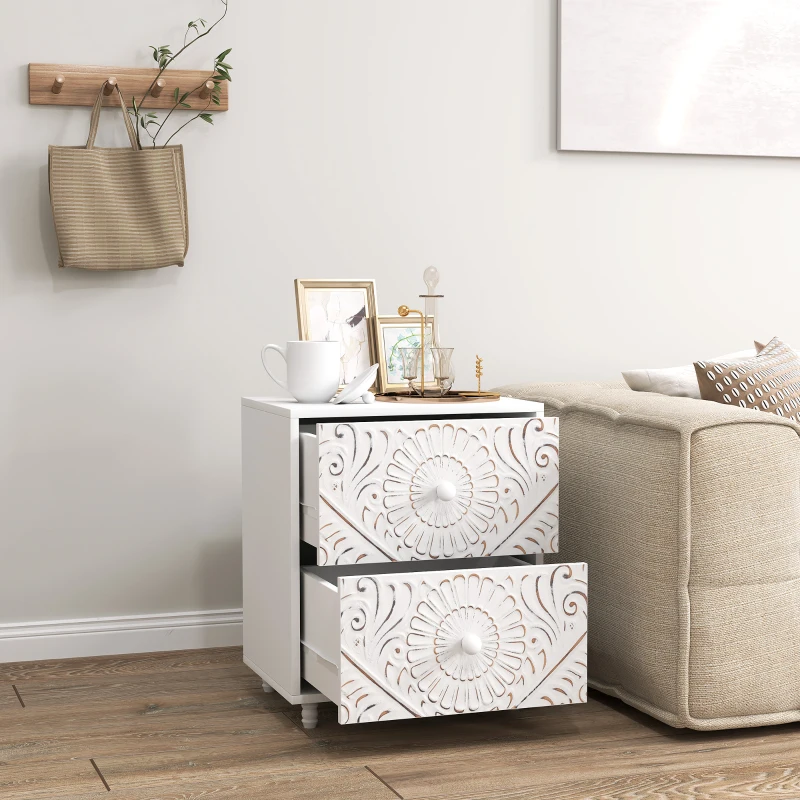 HOMCOM Mid-Century Bedside Table, Nightstand with 2 Drawers, Side End Table for Bedroom, White